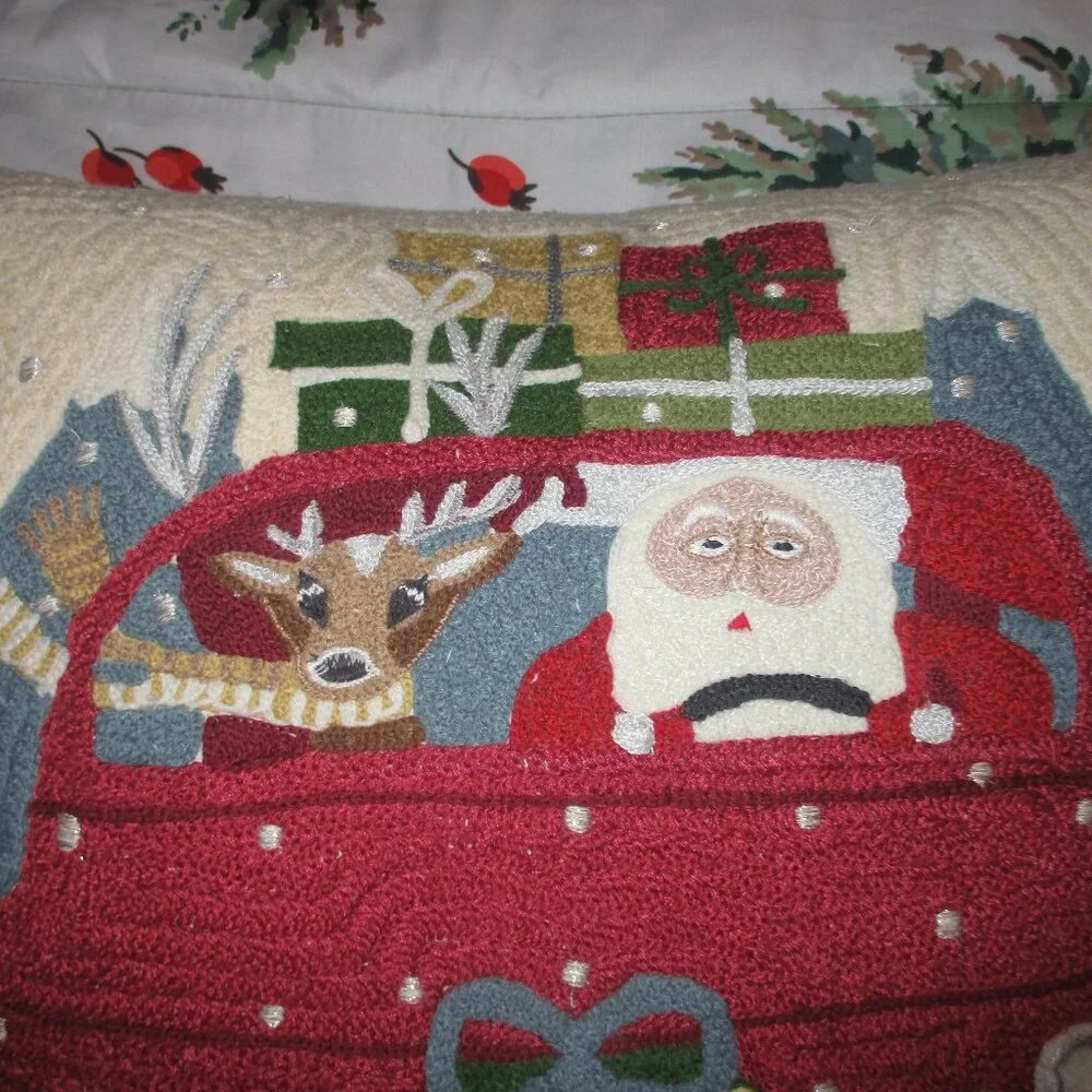 Pottery Barn road trip Santa embroidered pillow cover & Feather Insert
